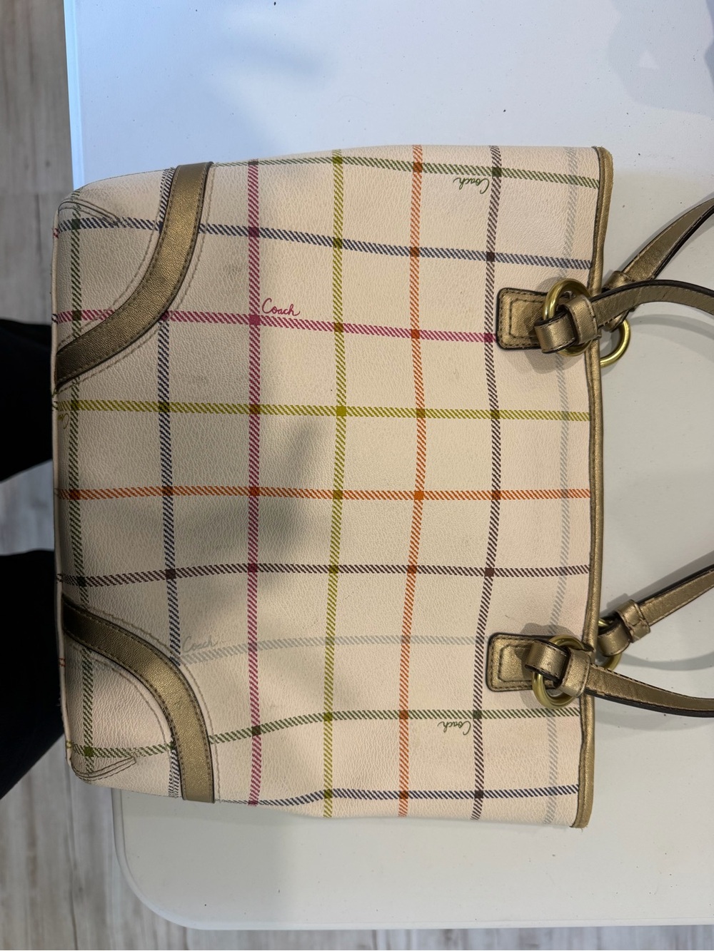 Coach Cream Plaid Leather-Trim Tote